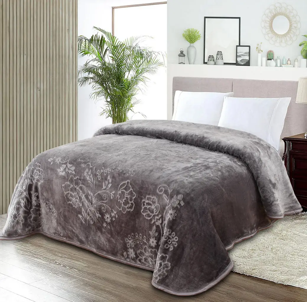 double bed blanket polyester embossed floral leaf pattern, 85x94, grey 1