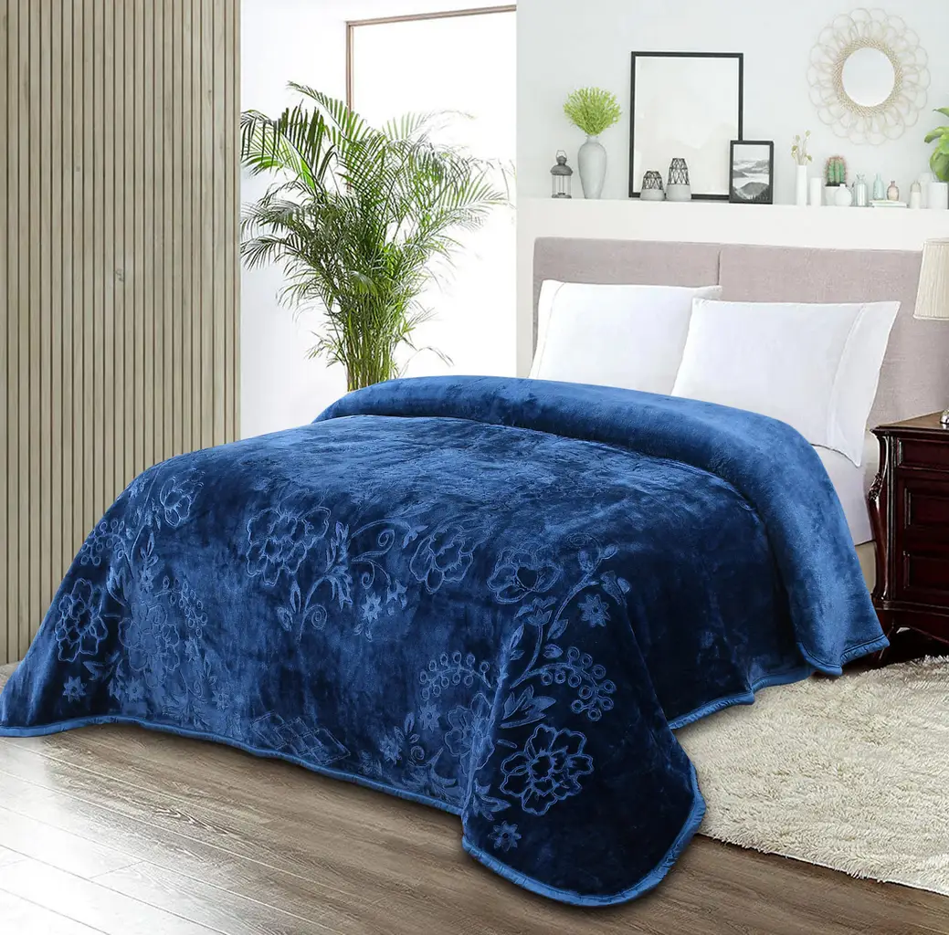 double bed blanket polyester embossed floral leaf pattern, 85x94, blue 1