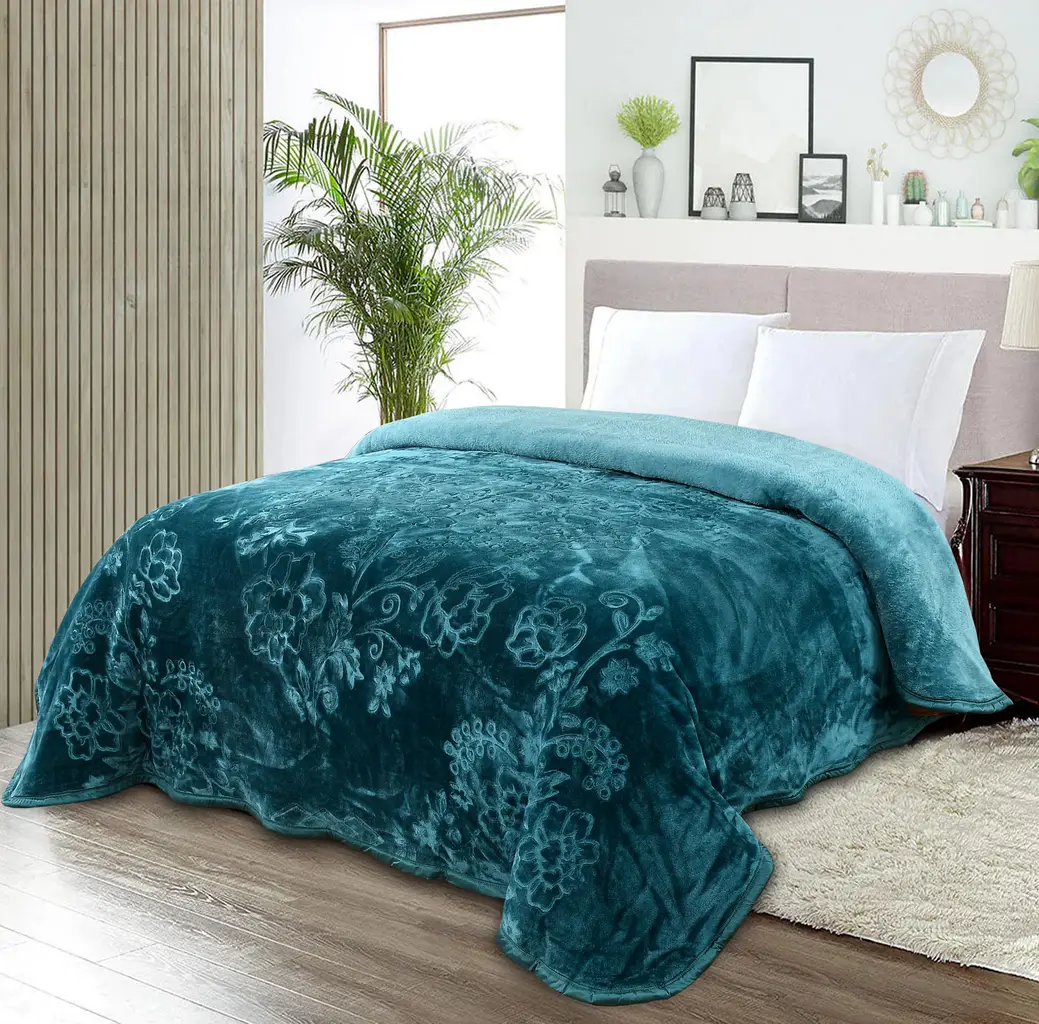double bed blanket polyester embossed floral leaf pattern, 85x94, turquoise 1