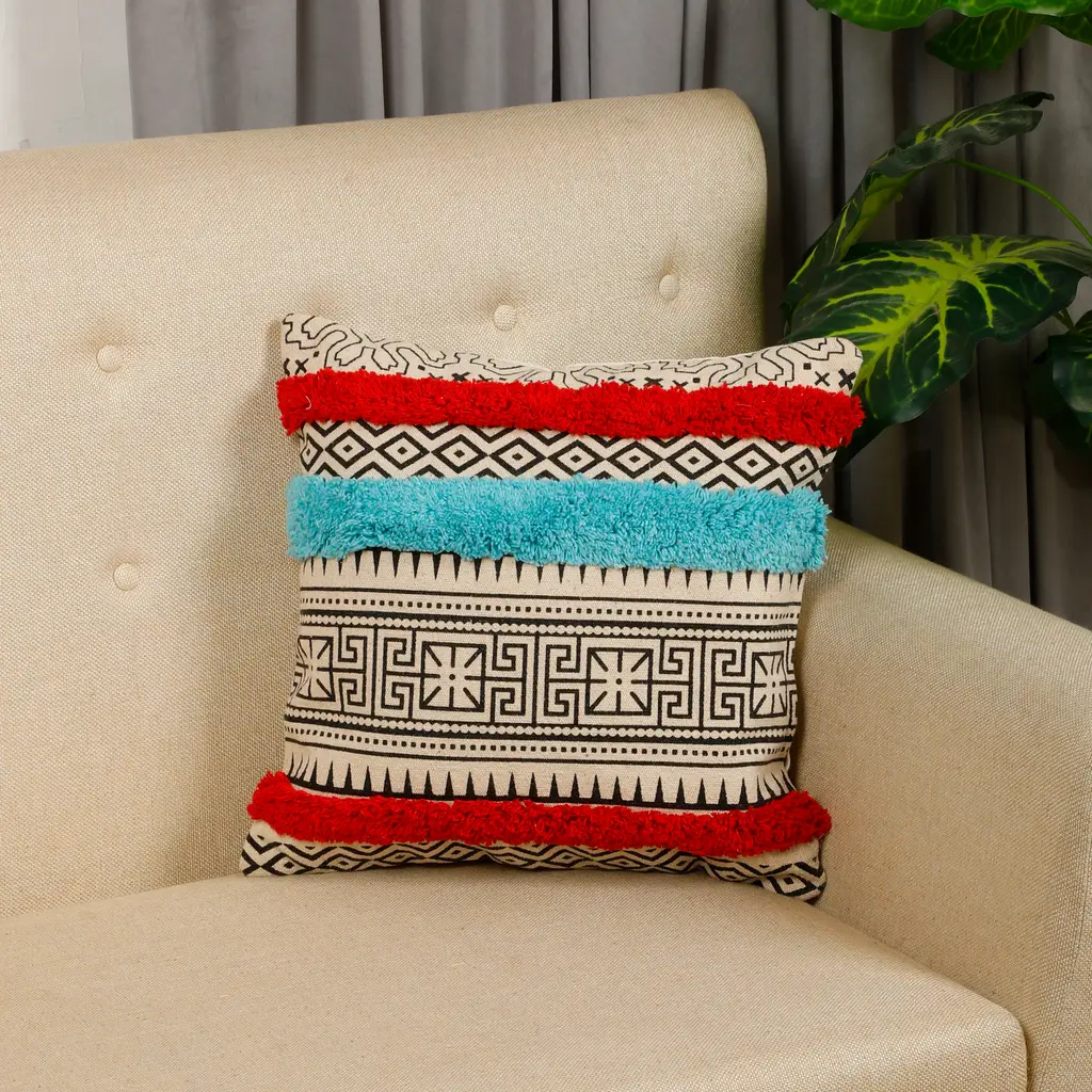printed tufted triple bars cushion cover, dual color, sky blue, red, 16x16 1
