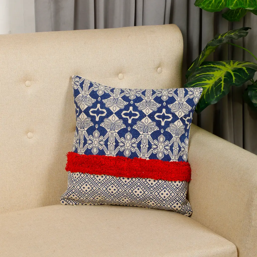 printed tufted single bar cushion cover, red, blue, 20x20 1