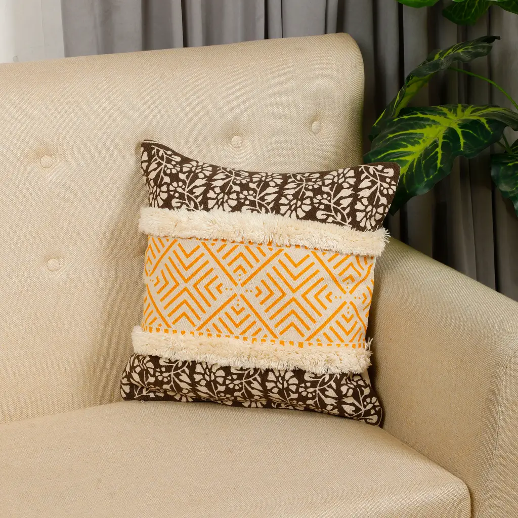 printed tufted double bars cushion cover, mustard, off-white, brown, 16x16 1