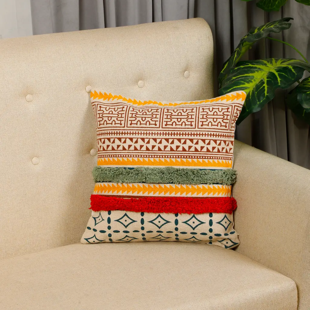 printed tufted double bars cushion cover, dual color, green, red, off-white, 16x16 1