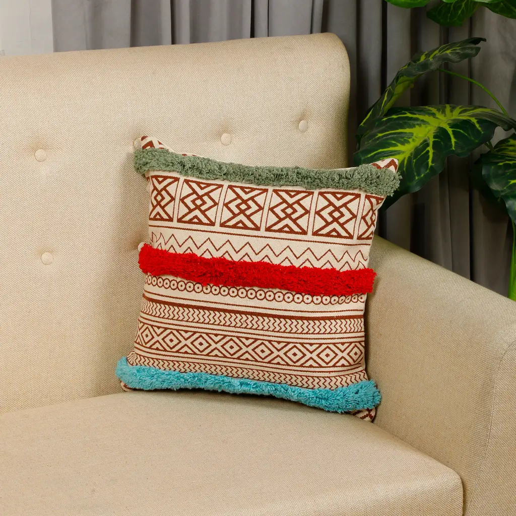 printed tufted triple bars cushion cover, triple color, green, red, sky blue, 20x20 1