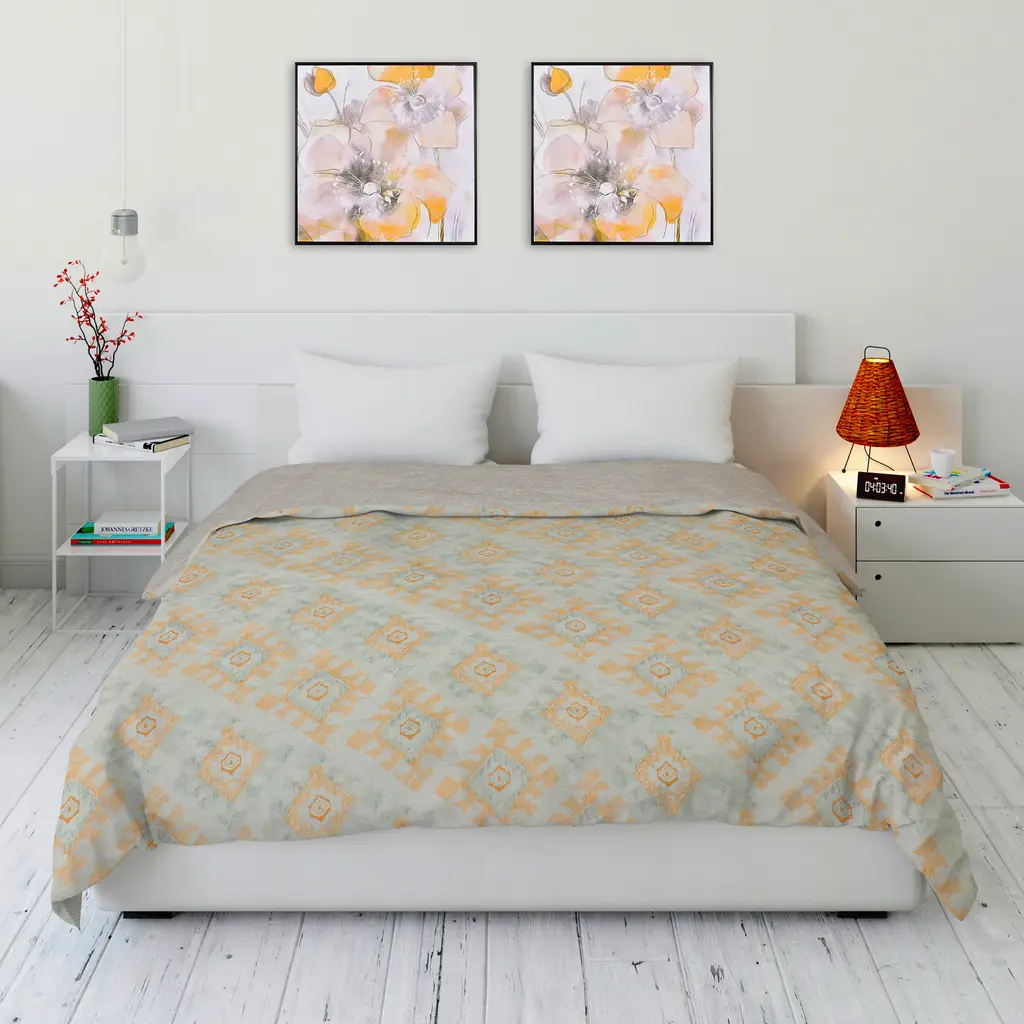 double bed comforter print design, diamond, dual color, 83x88, mint green, white and brown 1