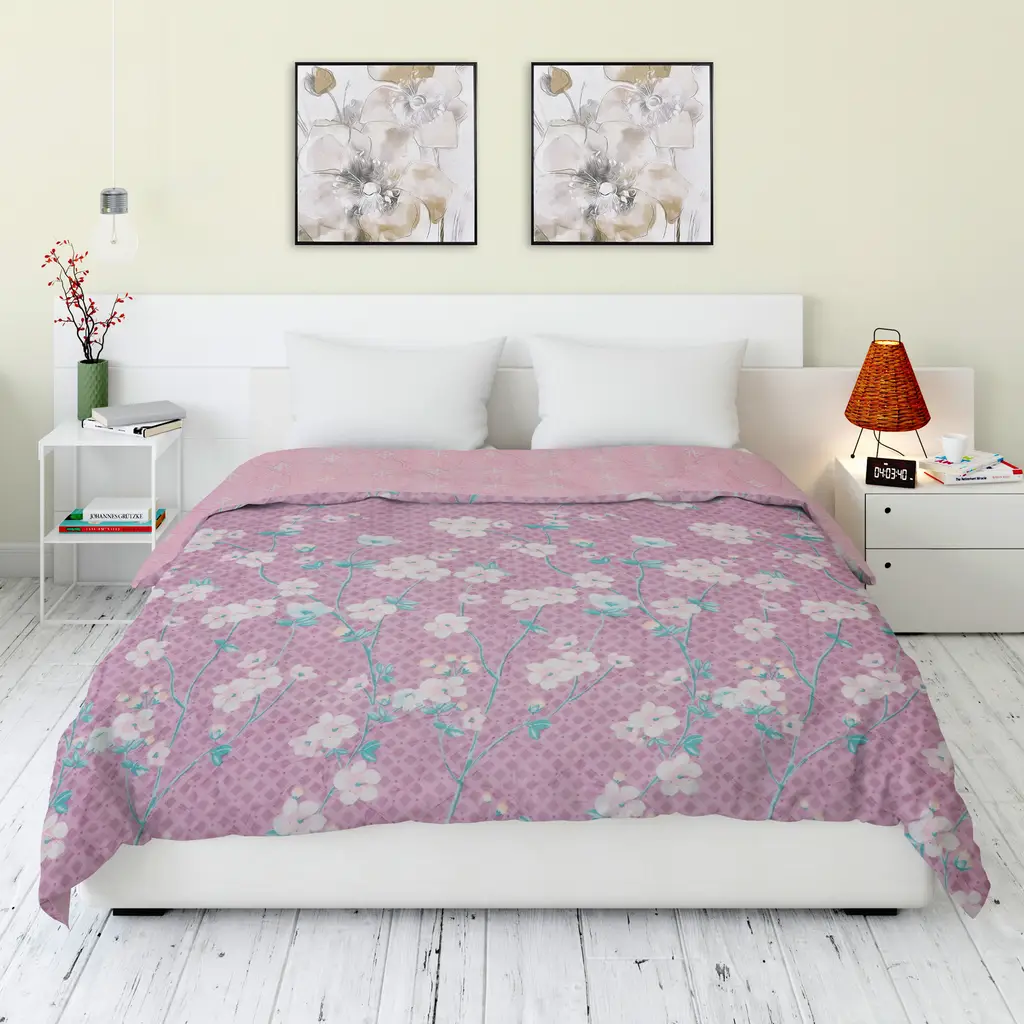 double bed comforter print design, diamond, floral, 83x88, pink, white, blue 1