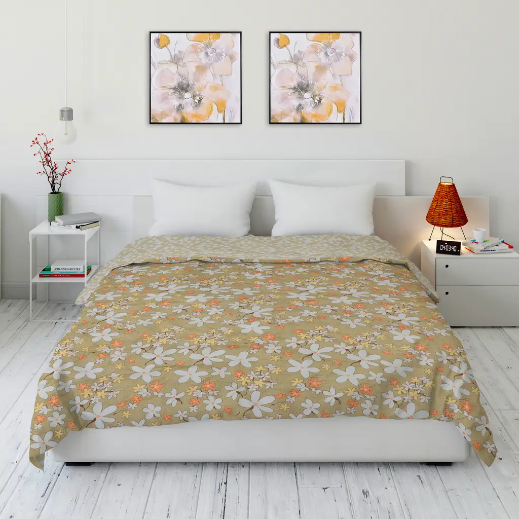 double bed comforter print design, floral, 83x88, green, white, yellow 1