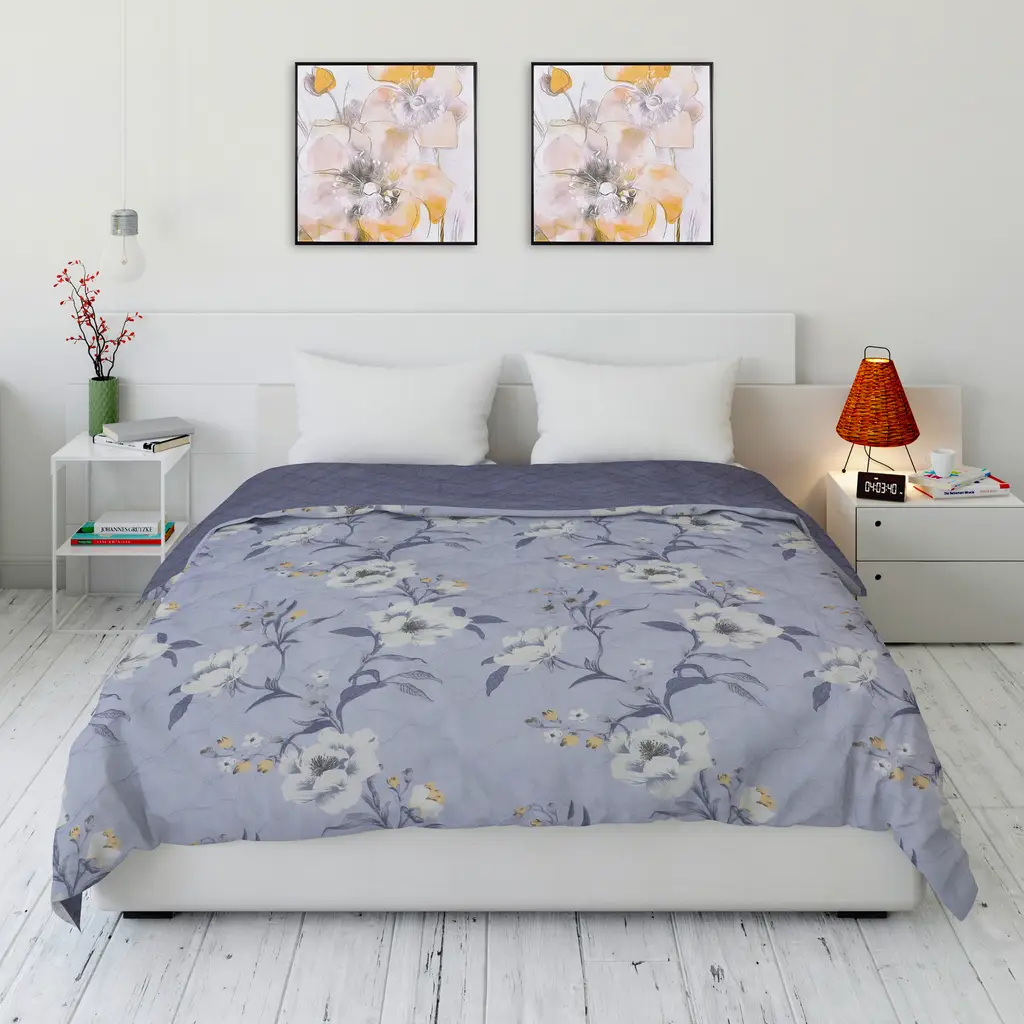 double bed comforter print design, floral, 83x88, blue, white, yellow 1