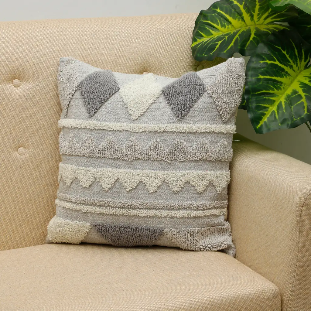 knitted tufted look micro cotton cushion cover, diamond, triangle lanes, 18x18, grey, white, blue 1
