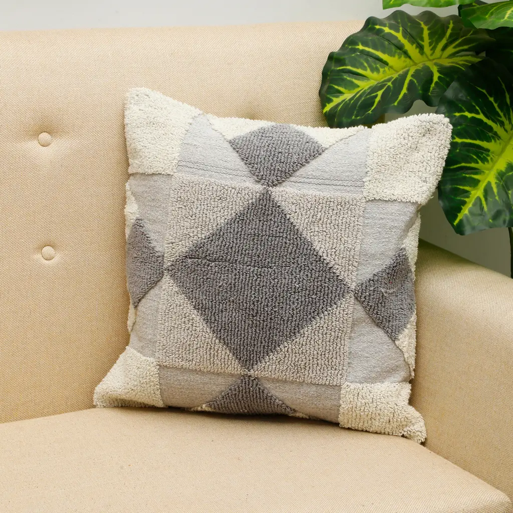 knitted tufted look micro cotton cushion cover, diamond, squares, 18x18, grey, white, blue 1