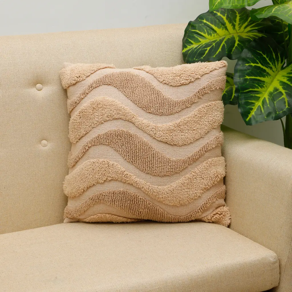 knitted tufted look micro cotton cushion cover, thick thin waves, 18x18, beige, brown 1