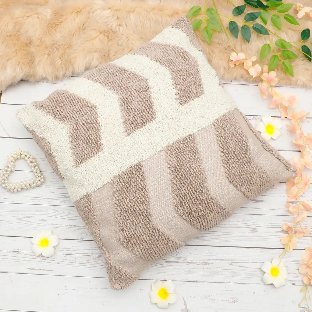 knitted tufted look micro cotton cushion cover, triangle wave, 18x18, brown, white 1