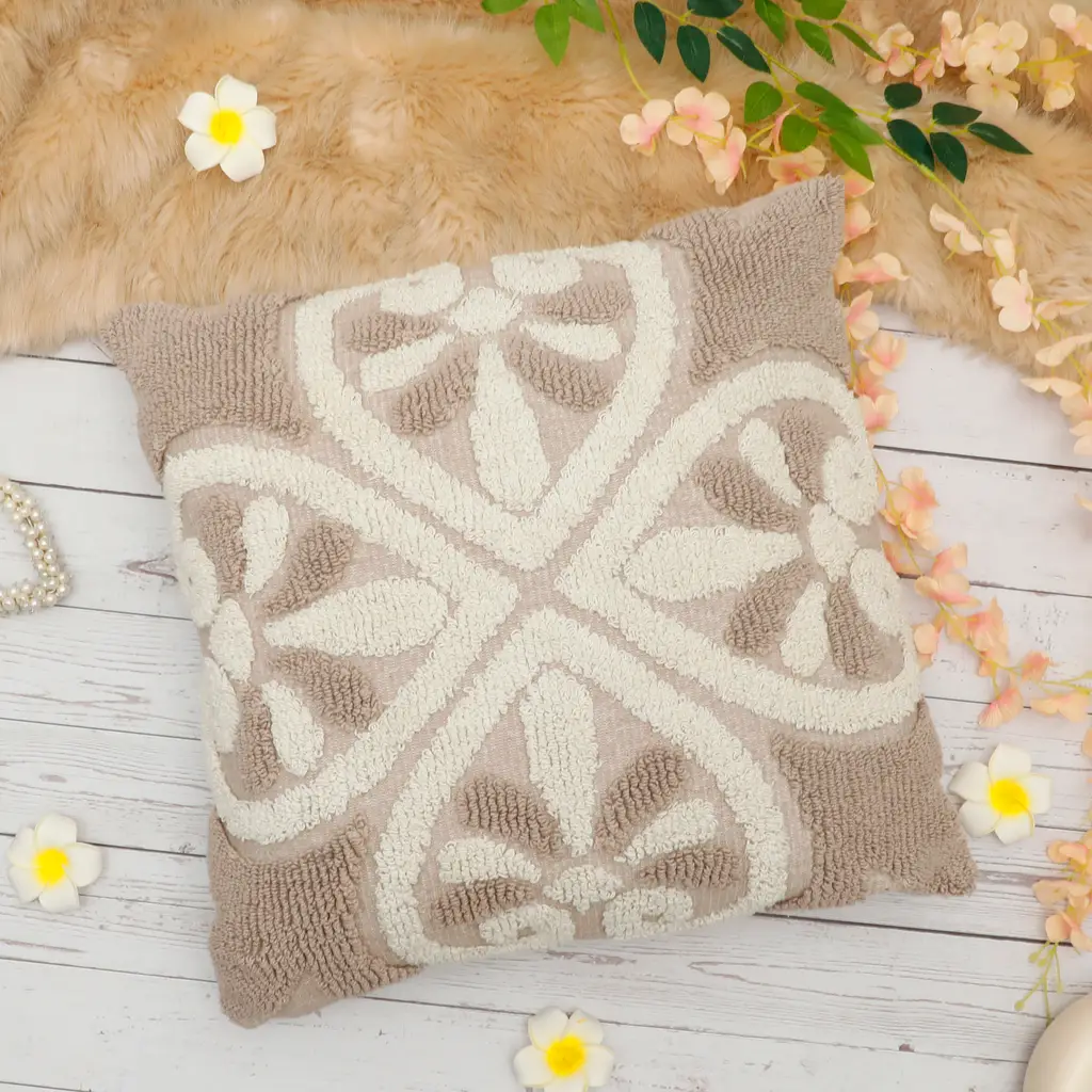 knitted tufted look micro cotton cushion cover, floral, leaf, 18x18, brown, white 1