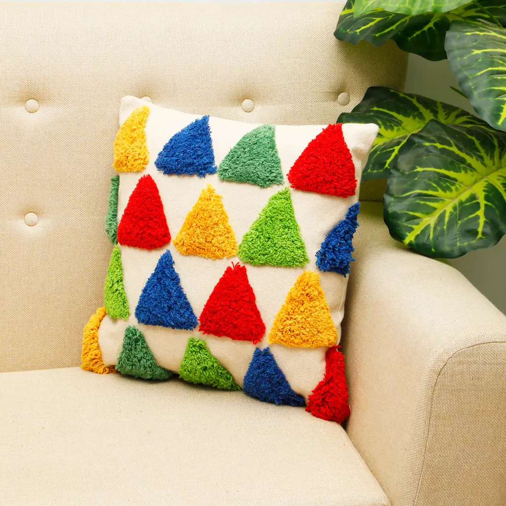 tufted cushion cover colorful triangle pattern, 16x16, red, yellow, off-white 1