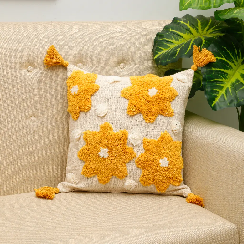 tufted cushion cover floral tassles, 16x16, yellow, off-white 1