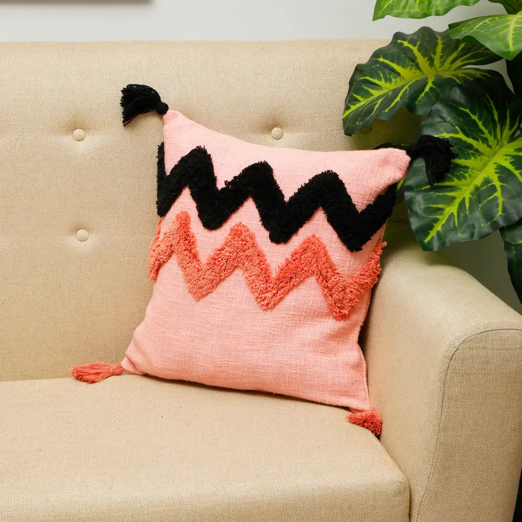 tufted cushion cover zigzag, color, tassles, pink shade, black, 16x16 1