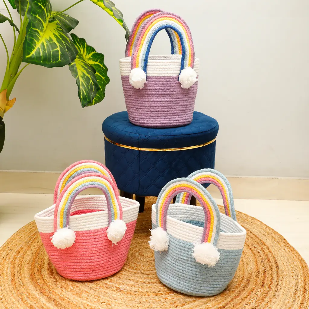 unicorn colorful basket with handles, pink, blue, purple, set of 3 1