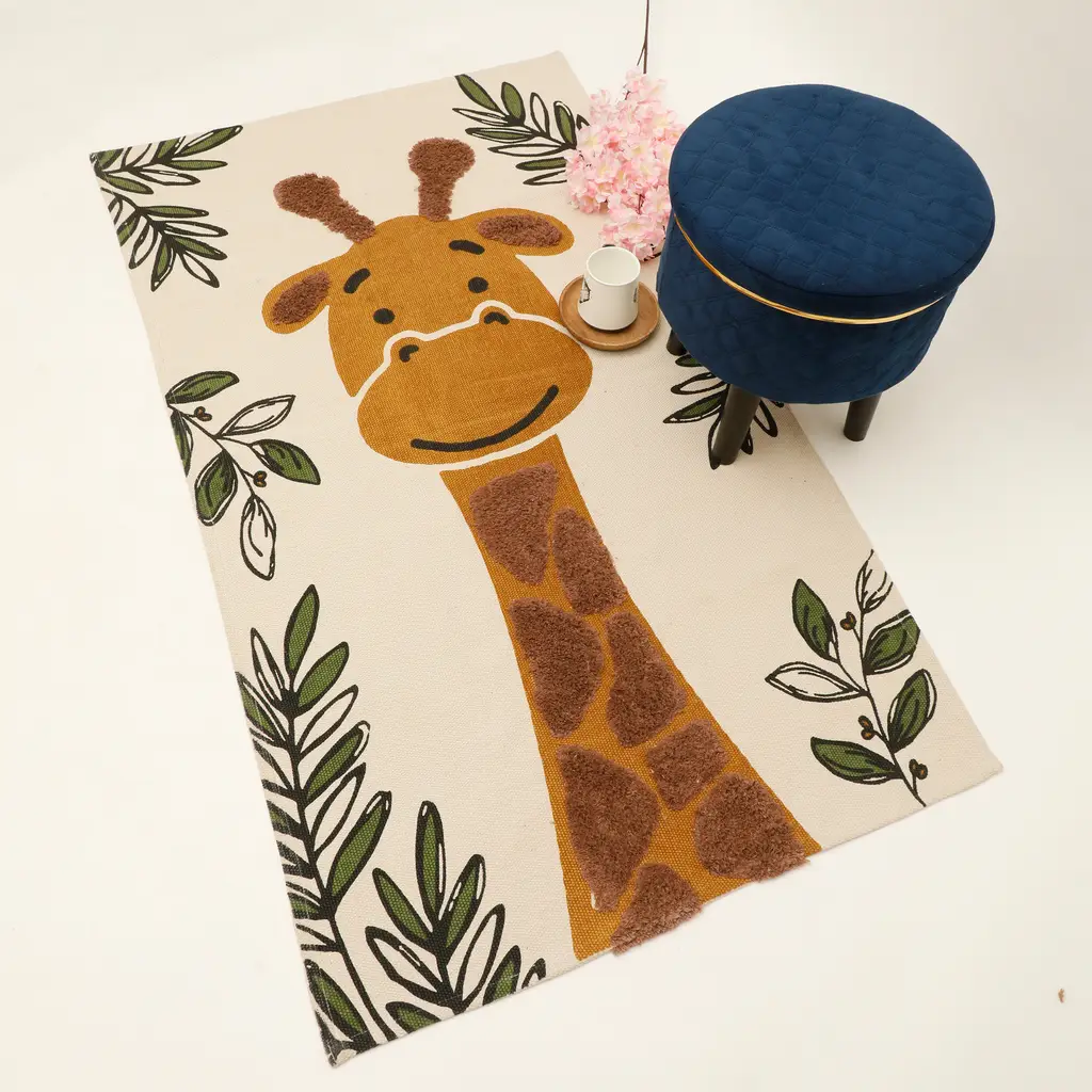 printed tufted dhurrie for kids, giraffe, mustard, brown, green 1