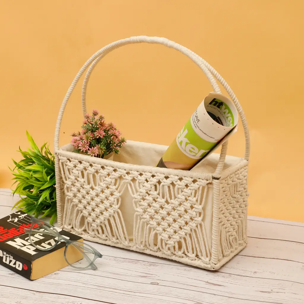 macrame dual curve handle basket, white, 13x7 1