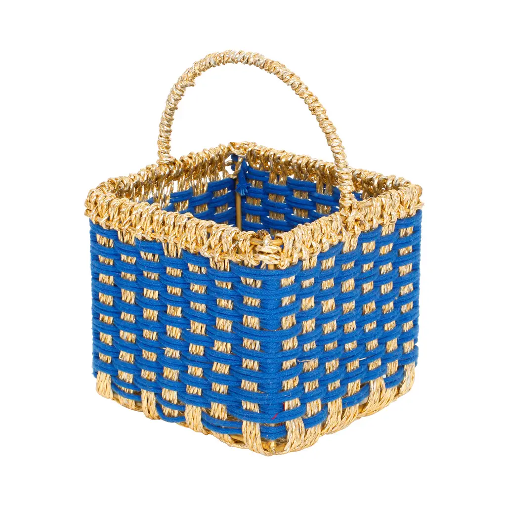 wireframe macrame jute dual color rectangle basket with handle, blue, golden, 6.5x6 1
