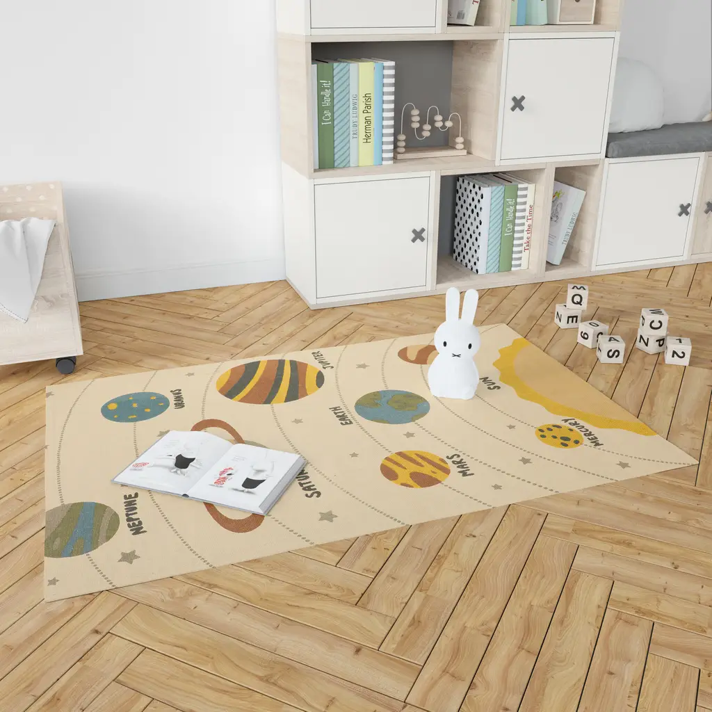solar system kids printed play mat, cream, yellow, black, grey, 60x36 1
