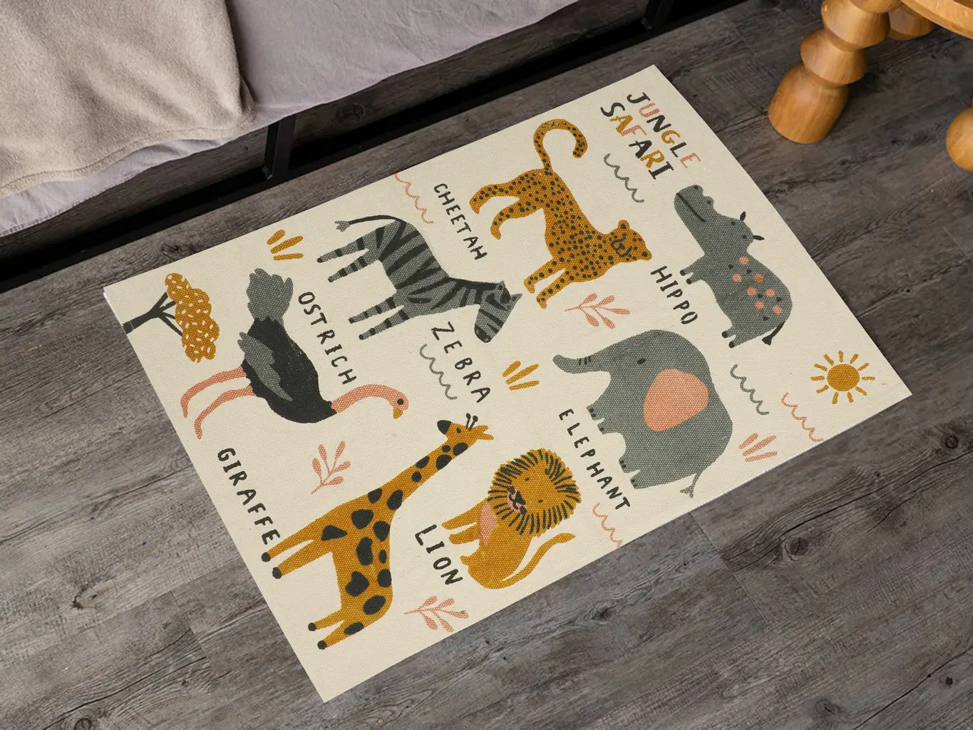 animal kids printed play mat, cream, grey, black, yellow, 46x30 1