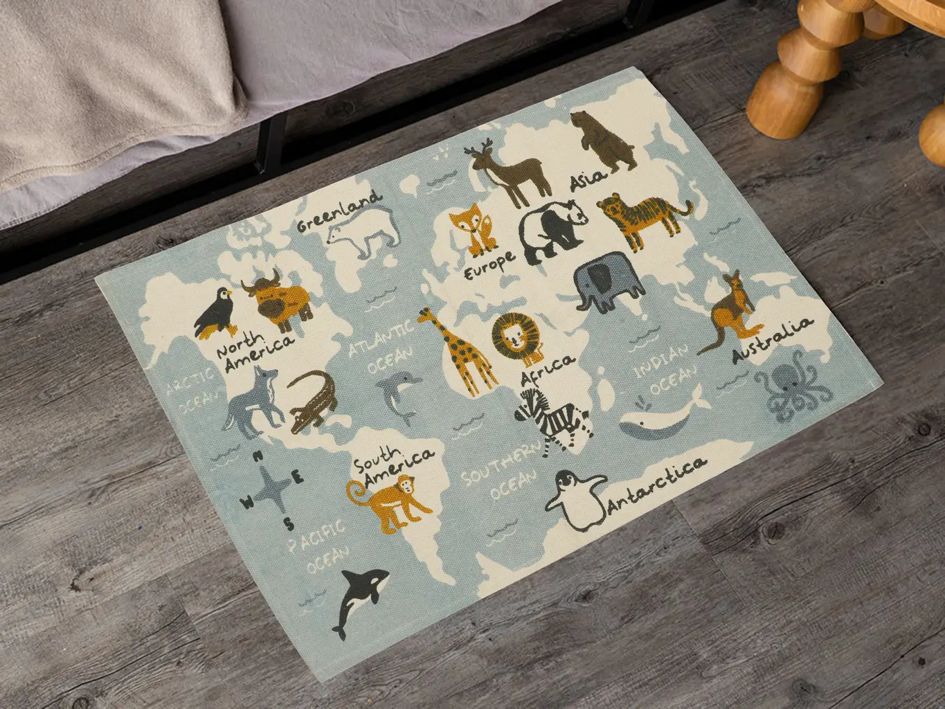 world animal kids printed play mat, sky blue, black, yellow, 46x30 1