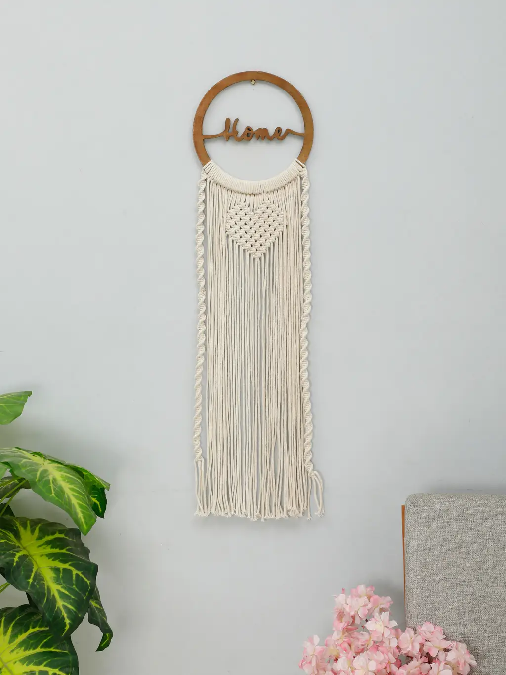 round wooden home text macrame wall hanging, brown, off-white, 36x10 1