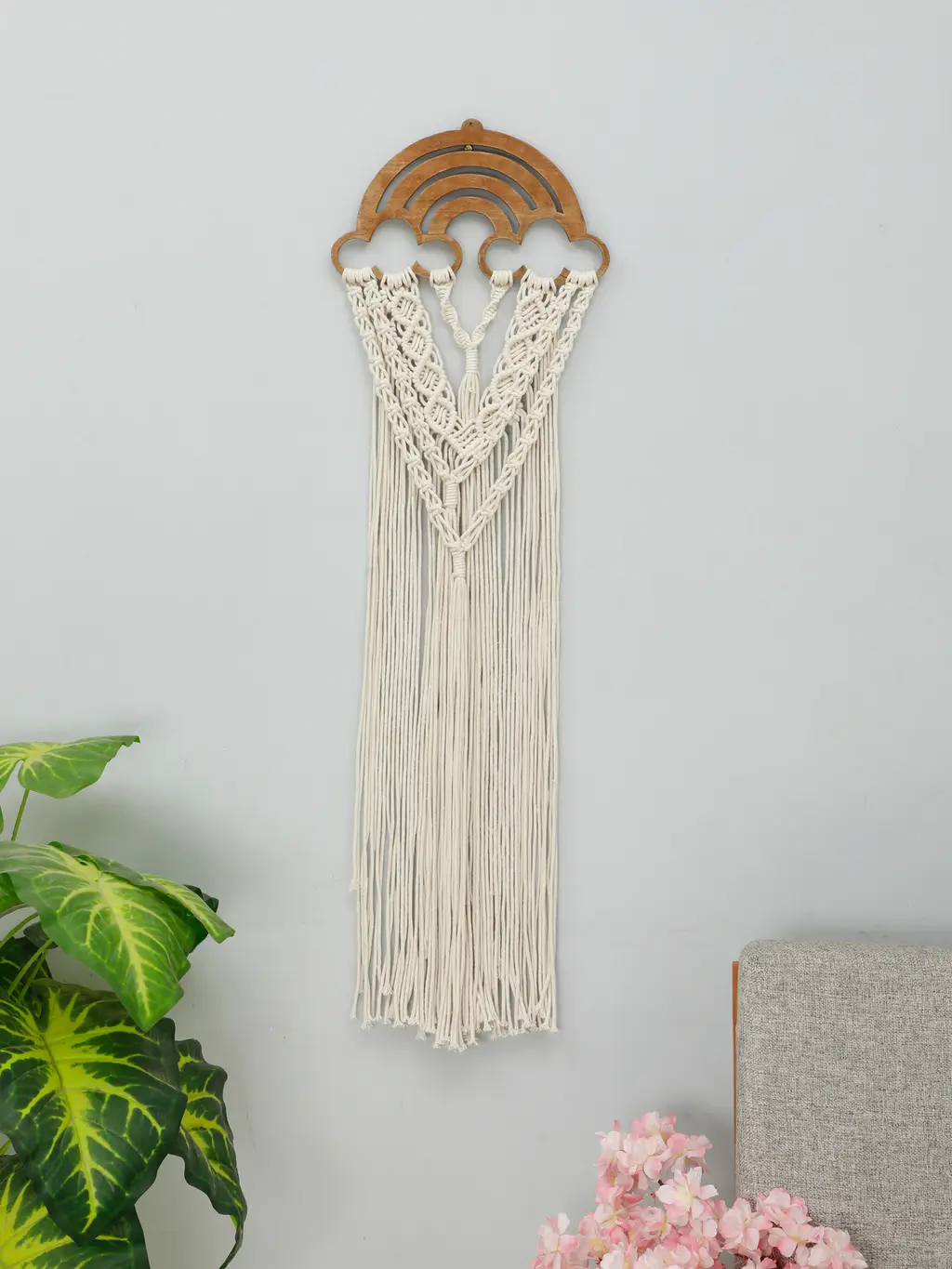 round wooden rainbow shape macrame wall hanging, brown, off-white, 38x12 1