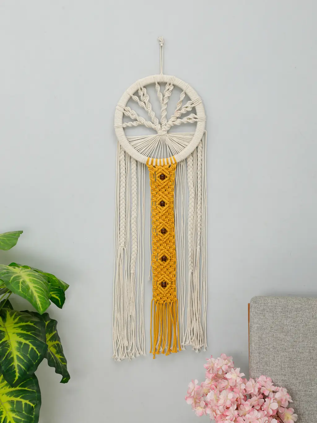 round wooden tree design macrame wall hanging, yellow, brown, off-white, 38x12 1