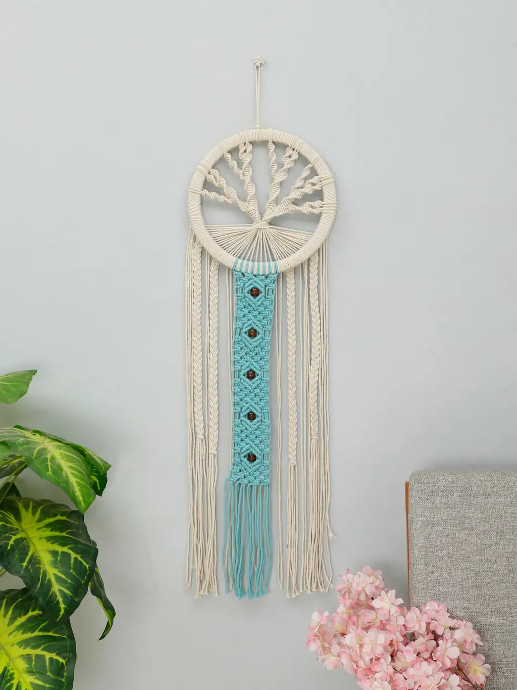 round wooden tree design macrame wall hanging, sky blue, brown, off-white, 38x12 1