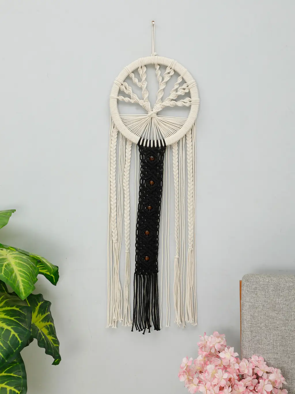 round wooden tree design macrame wall hanging, black, brown, off-white, 38x12 1