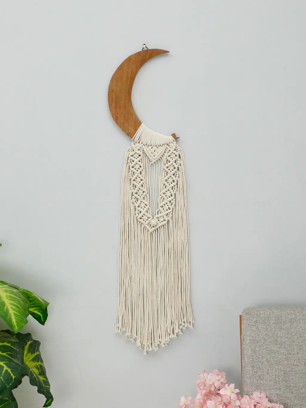 round wooden crescent moon shape macrame wall hanging, brown, off-white, 38x9 1