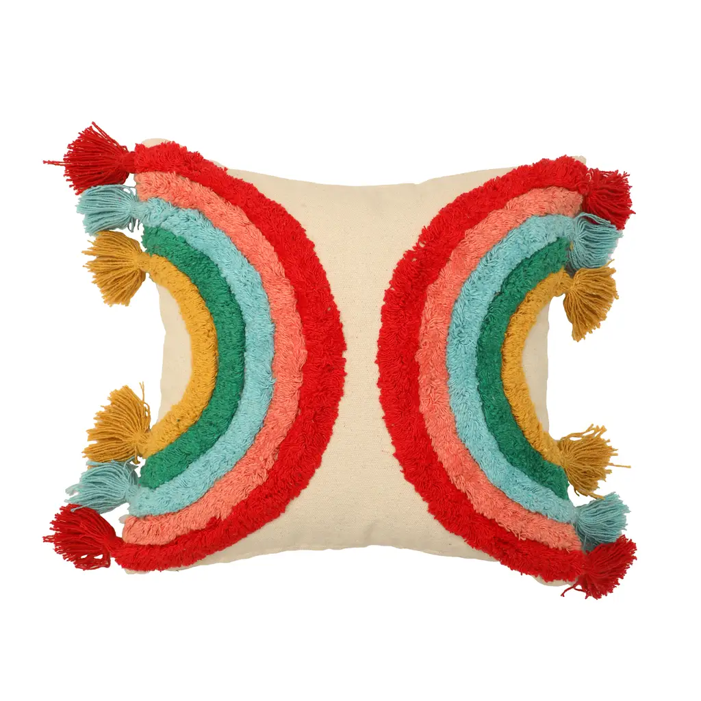 tufted cushion cover double c rainbow tassles, 16x16, red, green, yellow 1