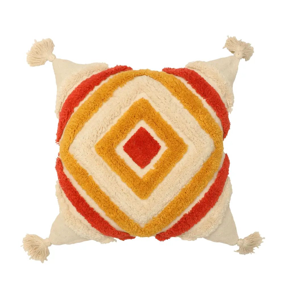 tufted cushion cover concentric diamonds with tassles, 16x16, orange, yellow, off-white 1