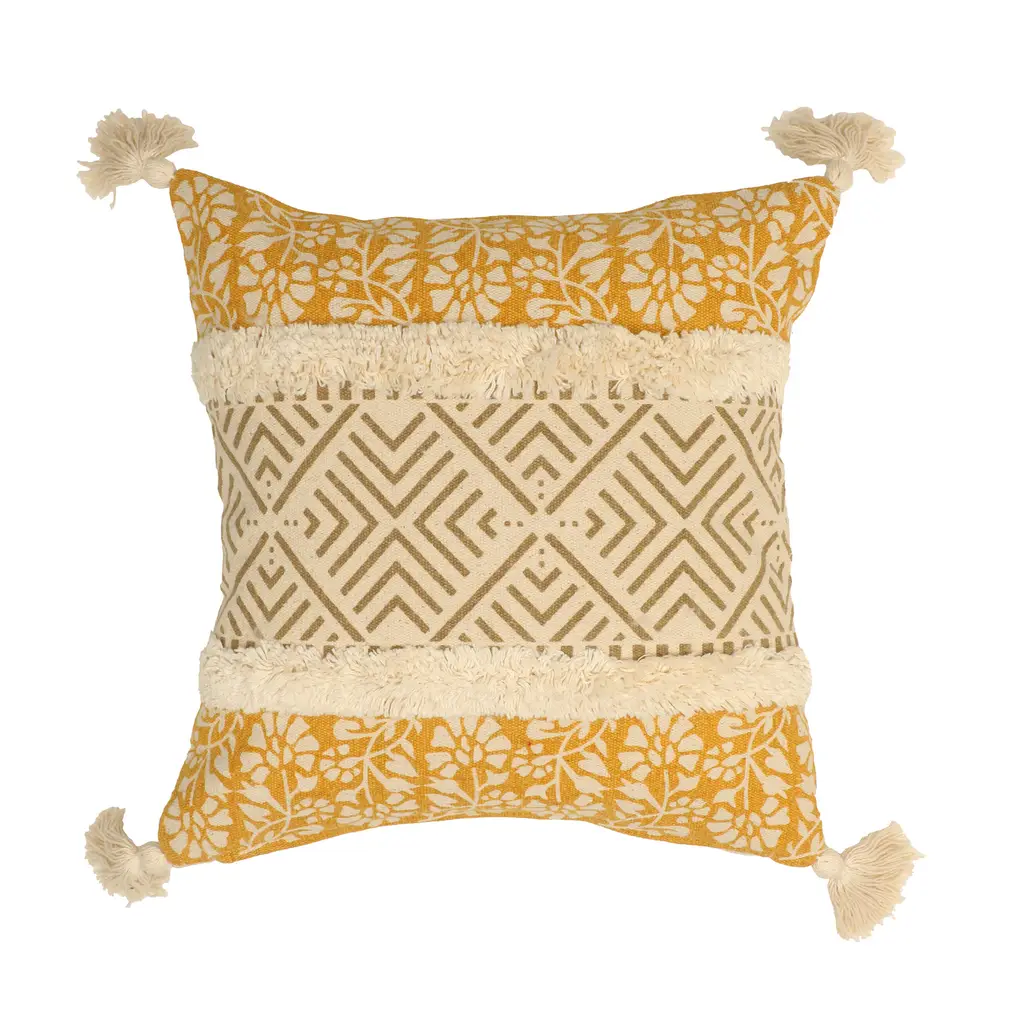 tufted cushion cover leaf floral printed with tassles, 16x16, mustard, grey, off-white 1