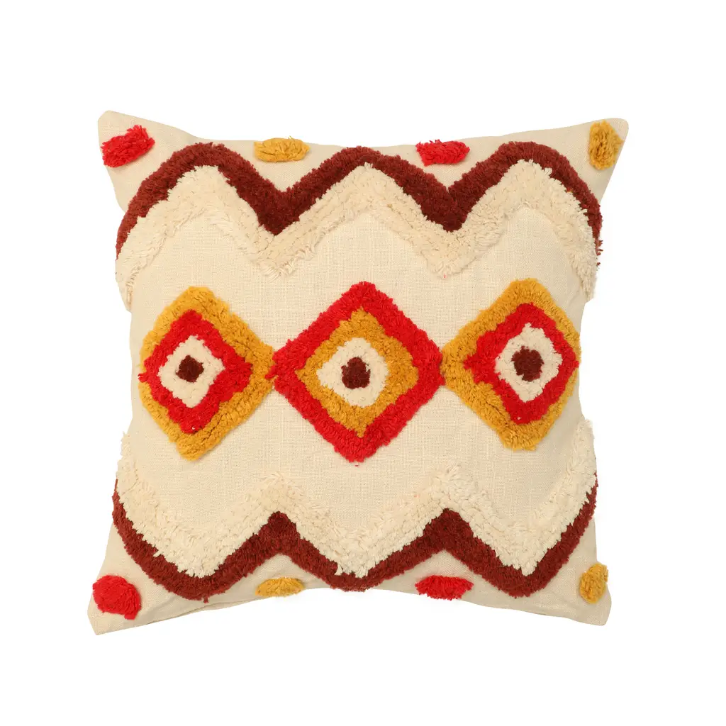 tufted cushion cover center colorful diamond row, sides triangles, boondi dots, red, yellow, brown 1