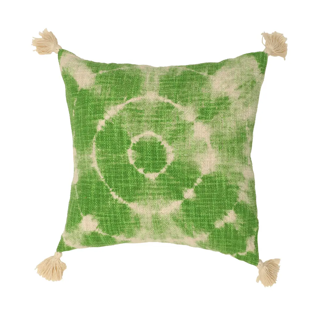 tie dye cushion cover concentric circle, corner tassles, green, off-white 1