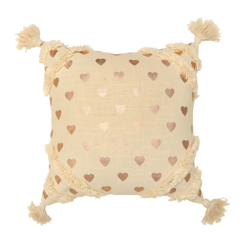 heart foil printed corner tufted cushion cover, corner tassles, 16x16, pink, off-white 1