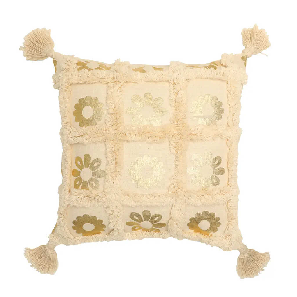 floral foil printed sqaure boxes tufted cushion cover, corner tassles, golden, 16x16 1
