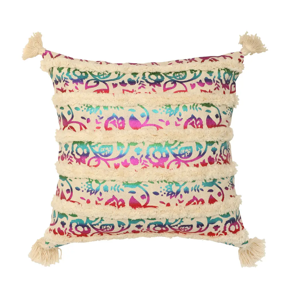 floral leaf stem foil printed linestufted cushion cover, corner tassles, purple, sky blue, red, 16x16 1