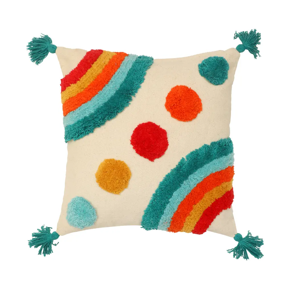 tufted cushion cover rainbow colors, curves sides, diagonal circles, corner tassles, blue, orange, red, 16x16 1