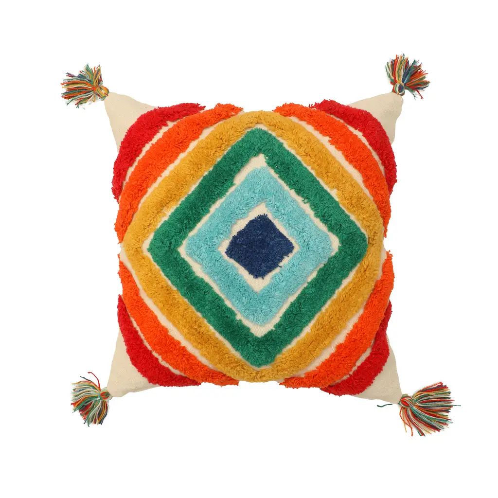 tufted cushion cover rainbow colors, concentric diamonds, corner colorful tassles, orange, yellow, green, 16x16 1