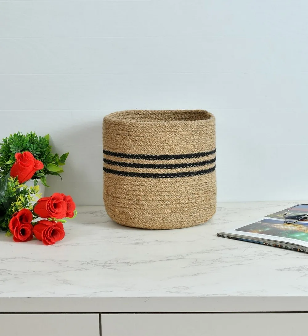 jute basket, black circle, small, 6x6x6 inches, pack of 2 1