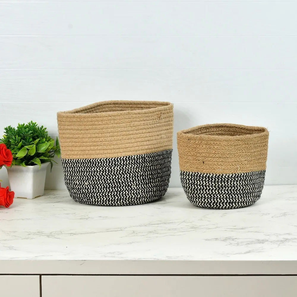 jute basket | black zigzag bottom | 8 inches, pack of 2