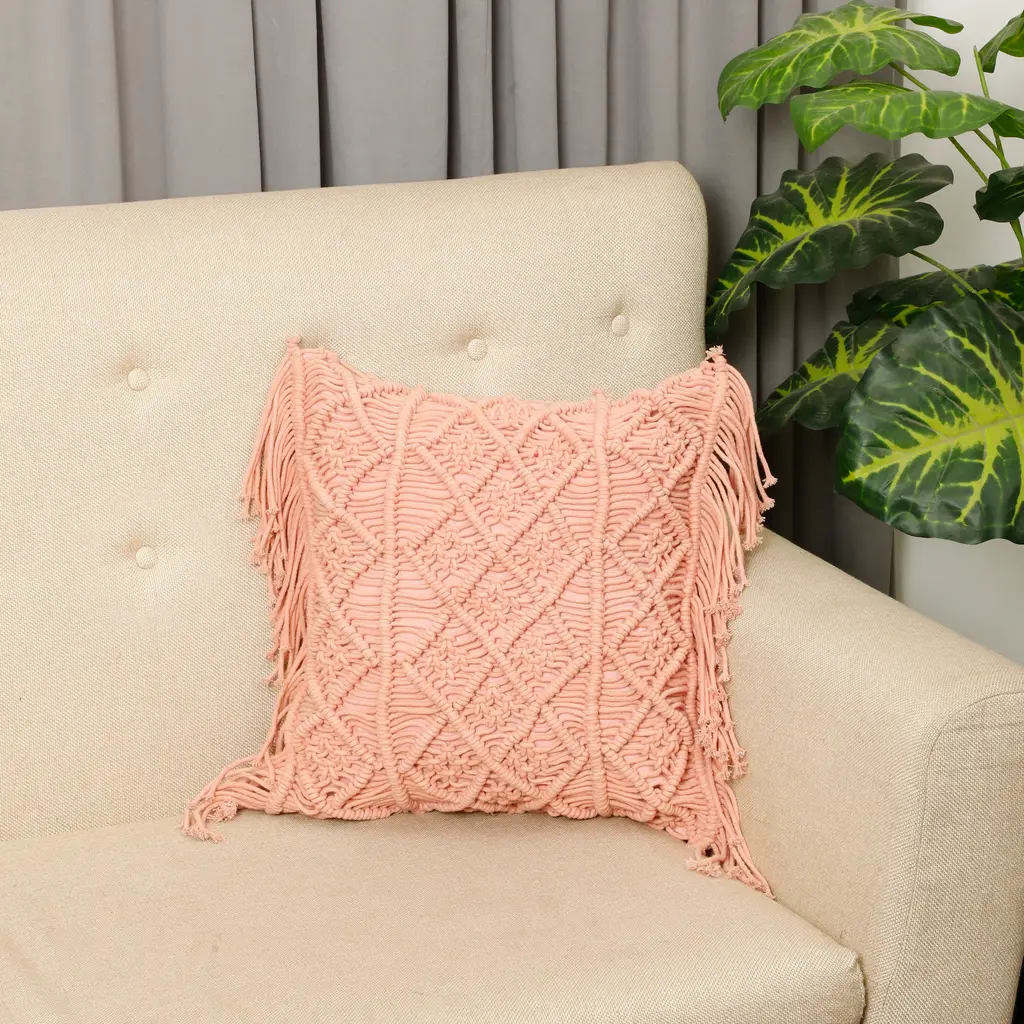 macrame cushion cover, diamonds, 3 sections, fringes, 16x16, lite pink 1