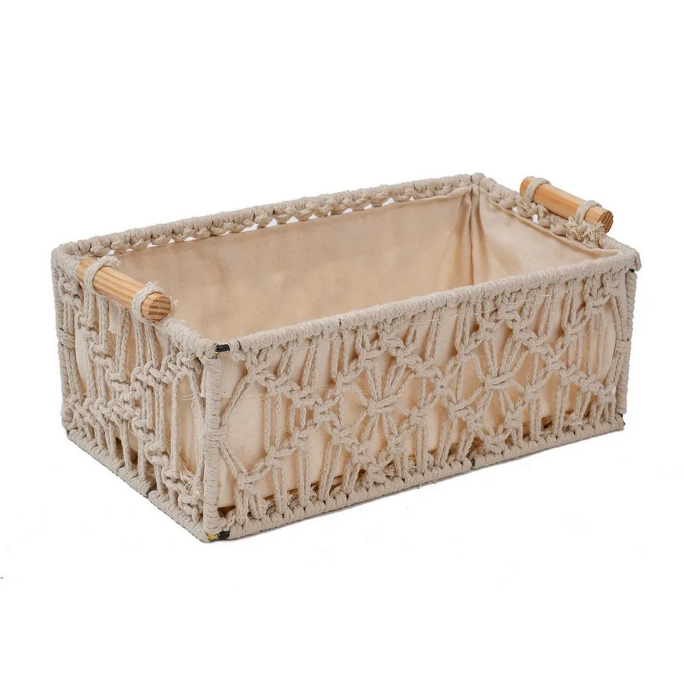 macrame wireframe shelf basket, off-white, large, 14x9.5x5 1
