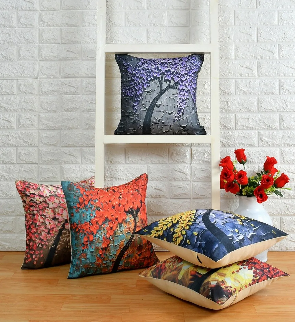 leaf print cushion cover jute square | premium back | 16x16 | set of 5 1