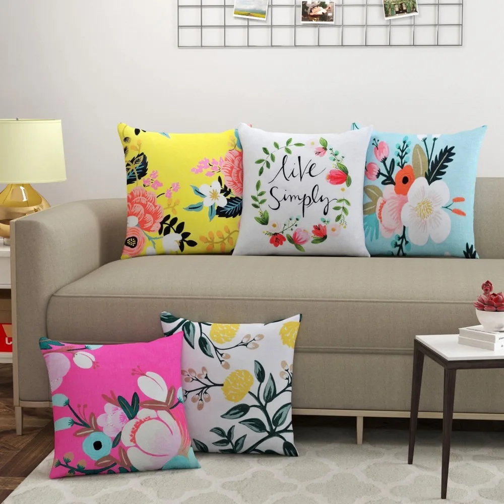 floral cushion cover, live simply, dupion silk back | 16x16 inches, set of 5 1