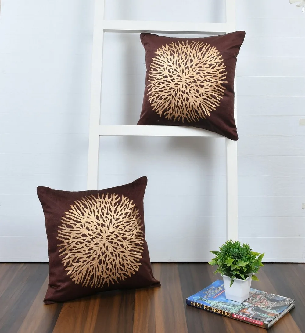 branch flake cushion cover, velvet, coffee, set of 5, 16x16 1